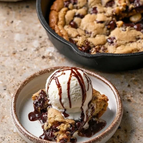 A slice of warm chocolate chip skillet cookie on a speckled ceramic plate, topped with a large scoop of vanilla ice cream and drizzled with chocolate syrup, with the cast iron skillet full of cookie visible in the background.