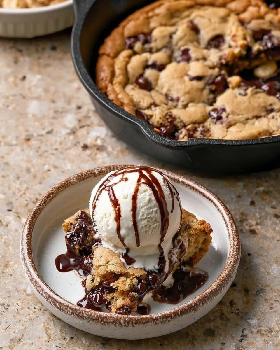 A slice of warm chocolate chip skillet cookie on a speckled ceramic plate, topped with a large scoop of vanilla ice cream and drizzled with chocolate syrup, with the cast iron skillet full of cookie visible in the background.