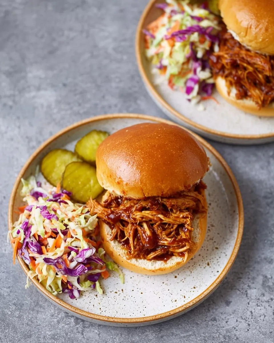Instant Pot pulled chicken BBQ sandwiches Overhead view of two plates featuring Instant Pot pulled chicken BBQ sandwiches on brioche buns, served with sides of creamy coleslaw and pickle slices on a grey stone surface.