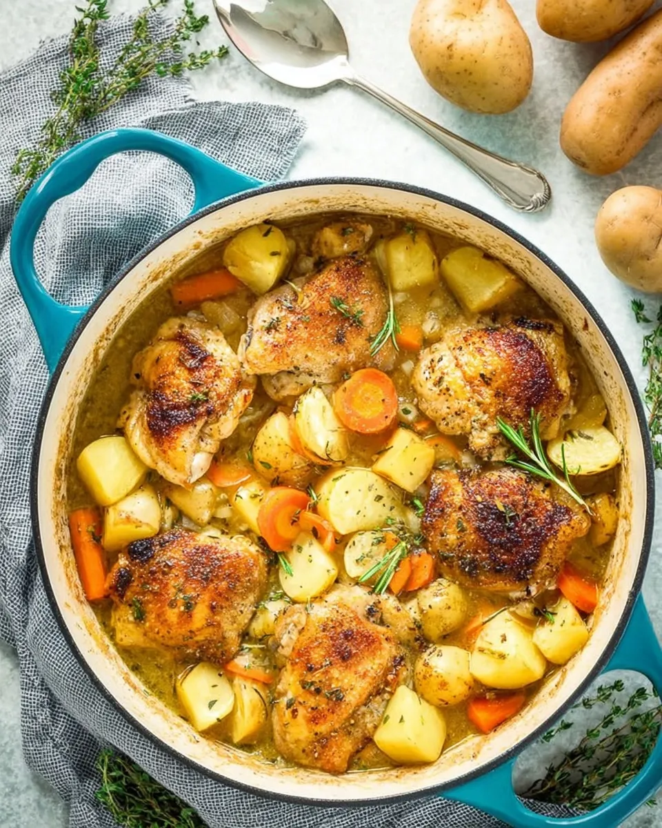 Top-down view of One Pan Roast Chicken in a blue skillet, surrounded by roasted potatoes, carrots, and fresh thyme on a marble counter.