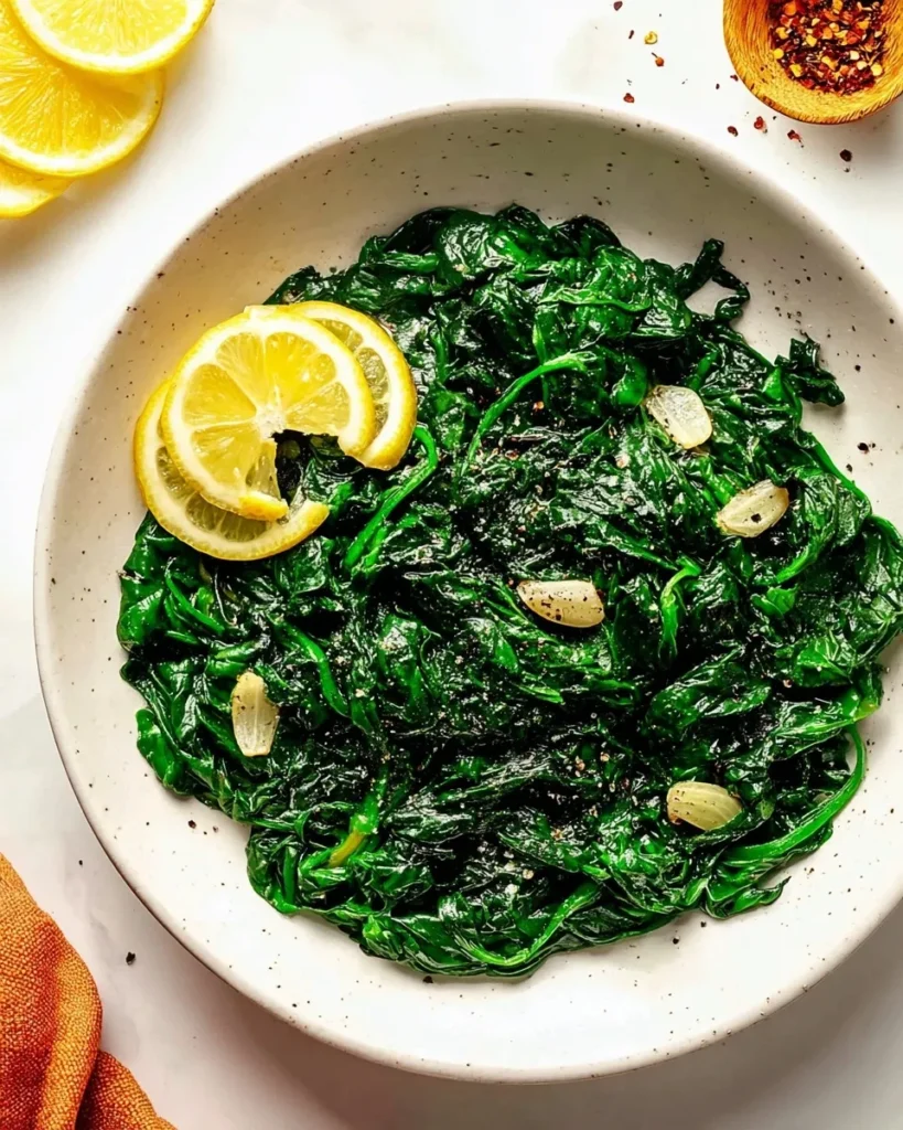 A top-down view of a white speckled bowl filled with dark green sautéed spinach. The dish is garnished with three fresh lemon slices and toasted garlic slivers, with a small wooden bowl of red pepper flakes visible in the top right corner.