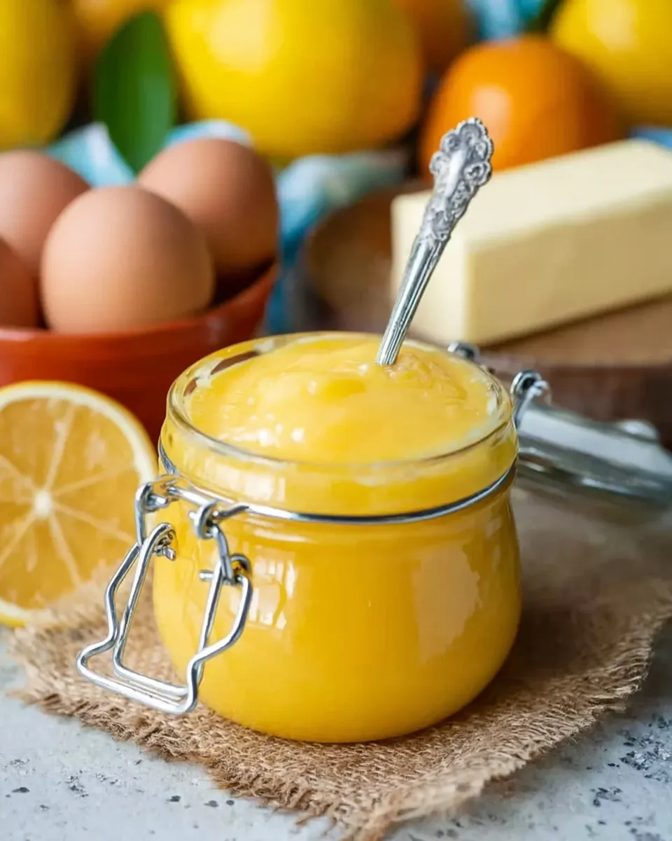 A glass jar filled with glossy homemade lemon curd with a silver spoon resting inside, surrounded by fresh ingredients including brown eggs, a block of butter, and cut lemons on a rustic burlap surface.