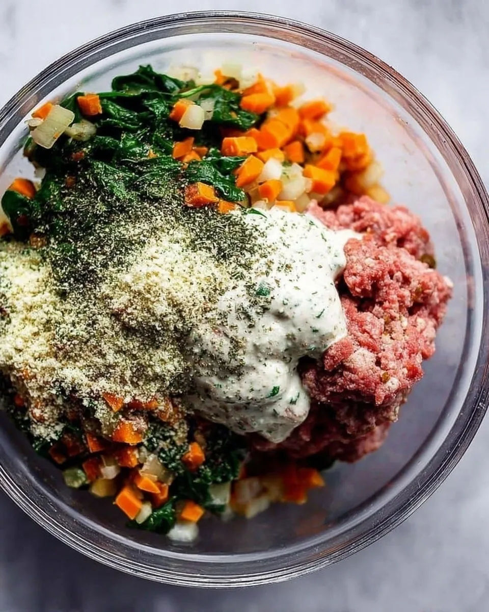 A glass mixing bowl filled with raw lean ground beef, sautéed spinach, diced carrots, almond flour, and ranch dressing, showing the first step of mixing freezer-friendly protein meatballs.