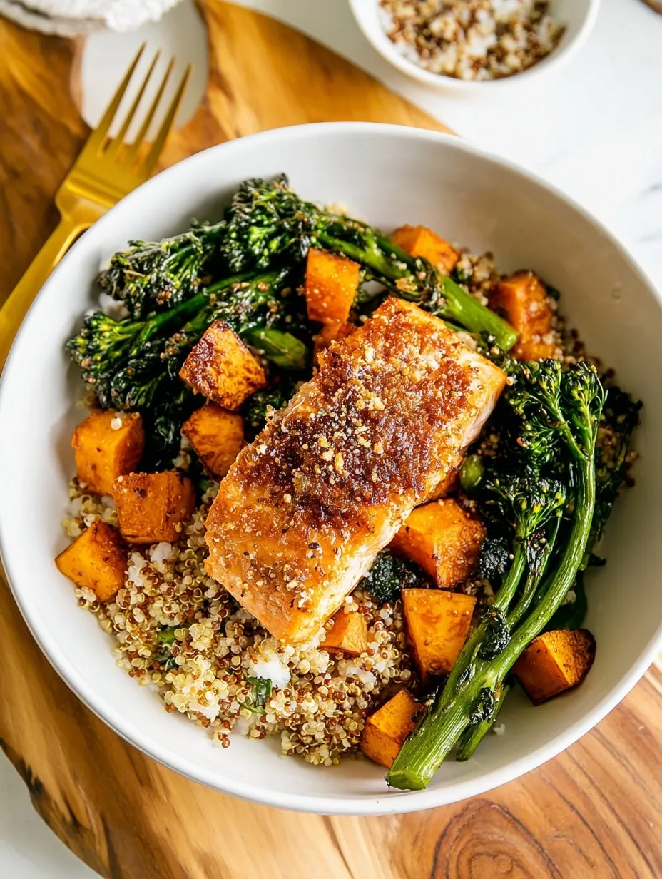 A bright, high-angle shot of a white ceramic bowl containing a complete salmon meal prep serving: a bed of tri-colored quinoa topped with a roasted salmon filet, caramelized sweet potato cubes, and charred broccolini.