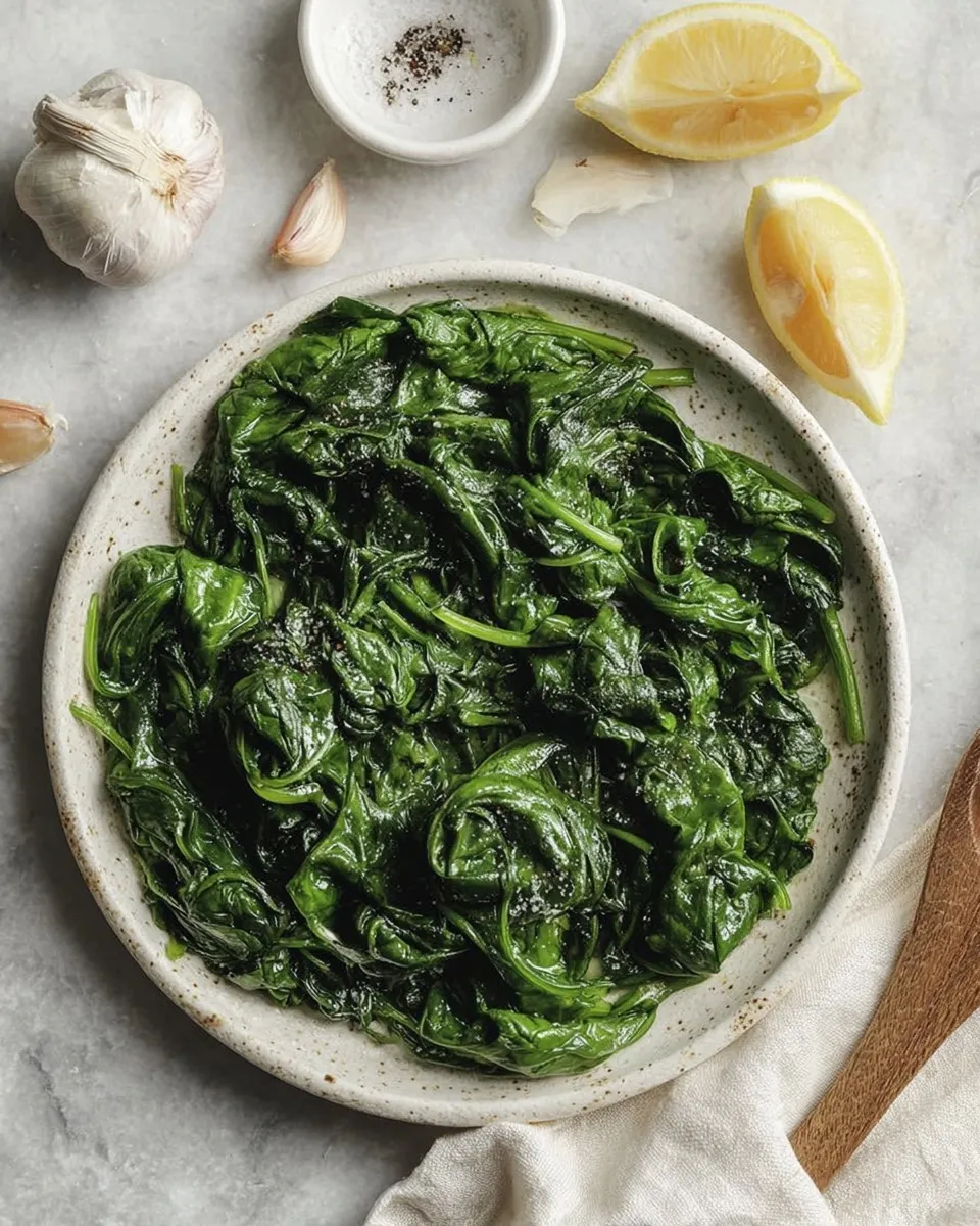 sautéed spinach A top-down view of a speckled ceramic plate filled with glossy, dark green sautéed spinach. The plate is surrounded by fresh ingredients on a marble surface, including whole garlic bulbs, lemon wedges, and a small bowl of salt and pepper. A wooden spoon handle rests on the side.