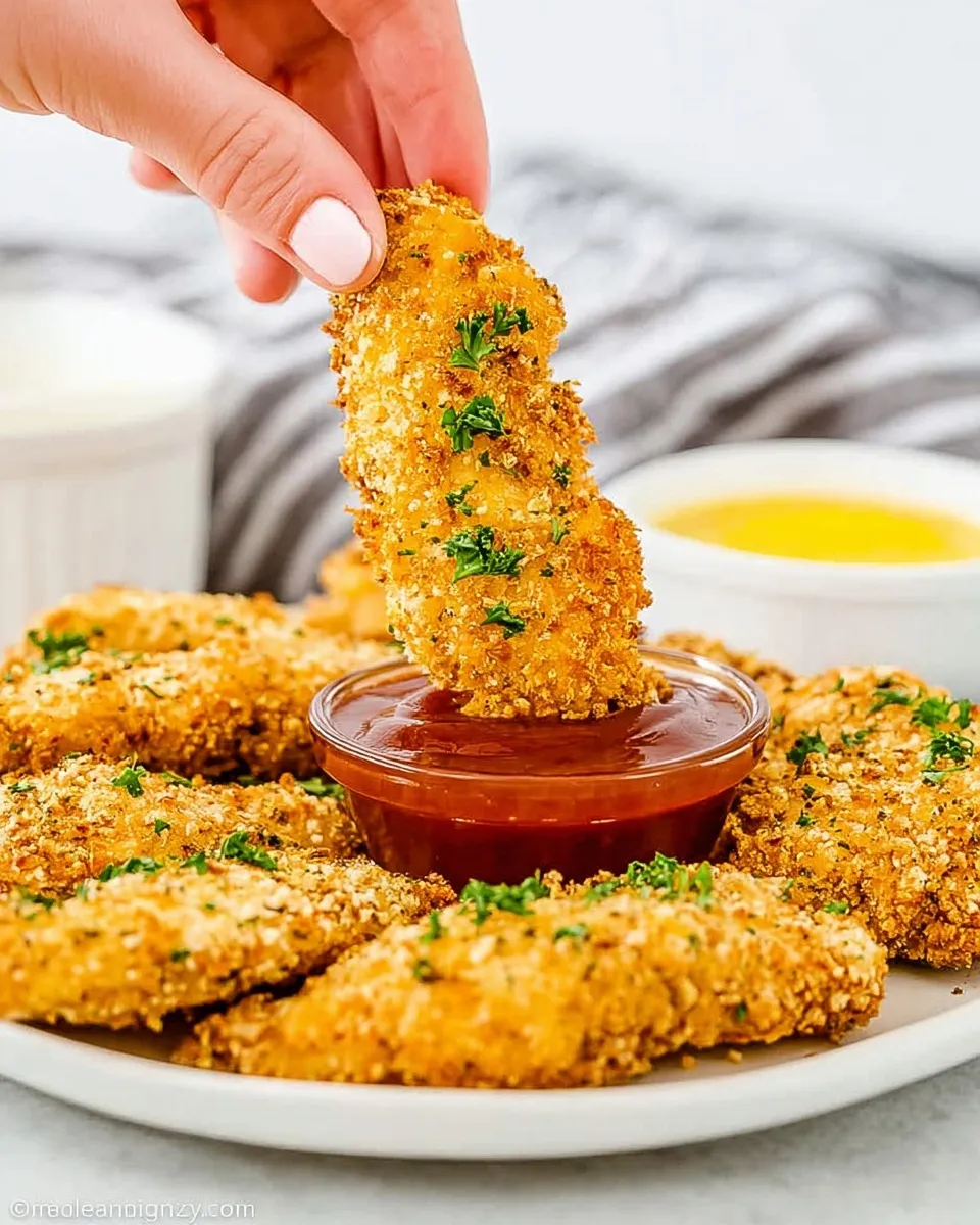Close-up of a hand dipping a golden, crispy baked chicken tender into a small glass bowl of red sauce, with a plate of herb-garnished tenders and a side of yellow dipping sauce in the background.