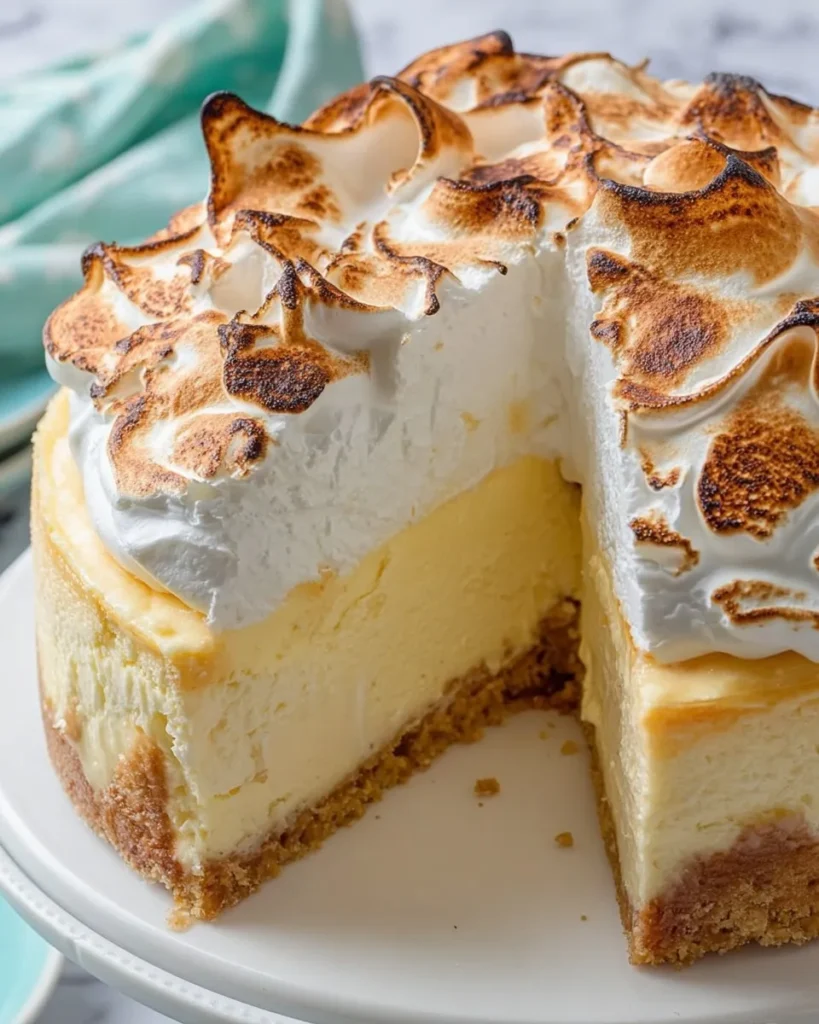 A close-up of a whole Triple Lemon Meringue Cheesecake on a white cake stand with a large slice removed to show the interior texture. The dessert features a thick golden crust, a tall layer of dense, creamy lemon cheesecake filling, and a high pile of fluffy, torch-browned Italian meringue peaks.