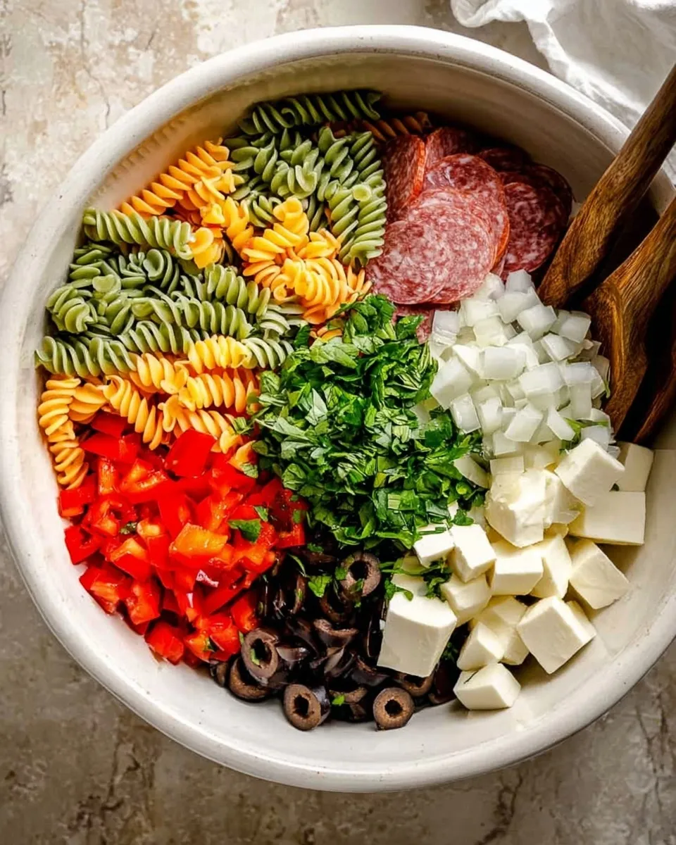 Top-down view of a large bowl filled with unmixed ingredients for Creamy Cold Italian Pasta Salad, including tri-color rotini, diced red bell peppers, cubed mozzarella cheese, sliced black olives, diced onions, salami slices, and a pile of fresh chopped herbs in the center.