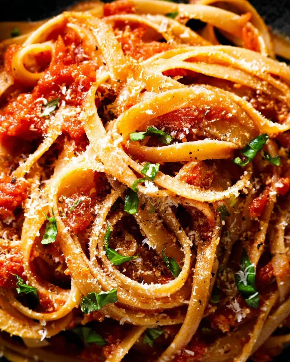 fettuccine pasta generously coated in thick homemade tomato sauce Close-up top view of fettuccine pasta generously coated in thick homemade tomato sauce made from canned tomatoes, garnished with grated parmesan cheese and chopped fresh basil.