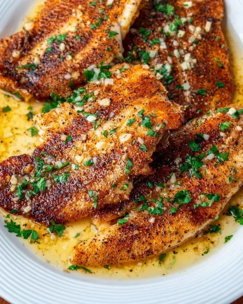 Close-up overhead view of pan-seared lemon butter tilapia fillets on a white plate, featuring a crispy golden-brown crust and drenched in glossy garlic butter sauce with fresh parsley.
