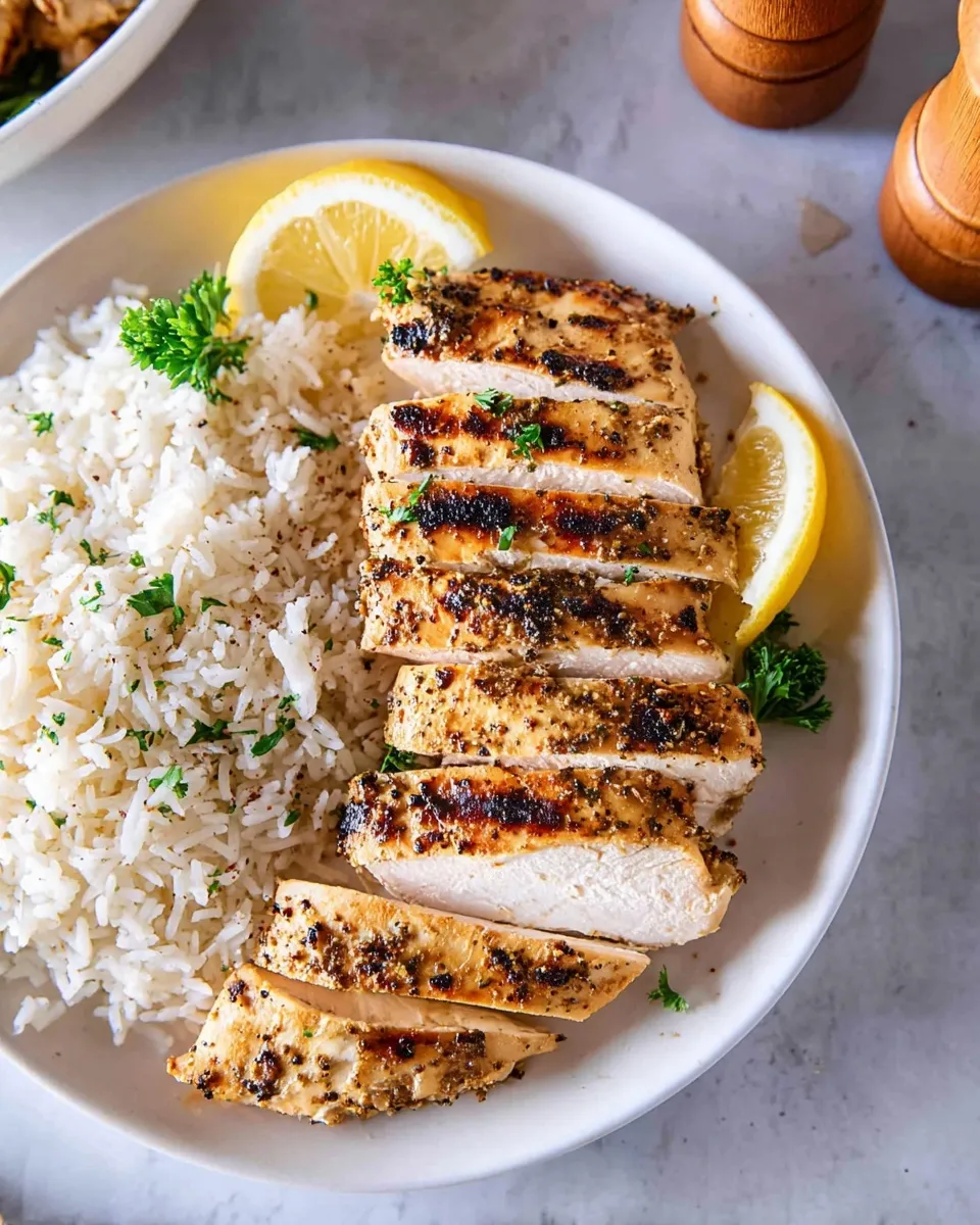 A top-down view of a white plate holding a serving of fluffy white rice garnished with parsley next to a sliced grilled chicken breast showing a succulent white interior and a well-seasoned, charred crust, served with lemon wedges.