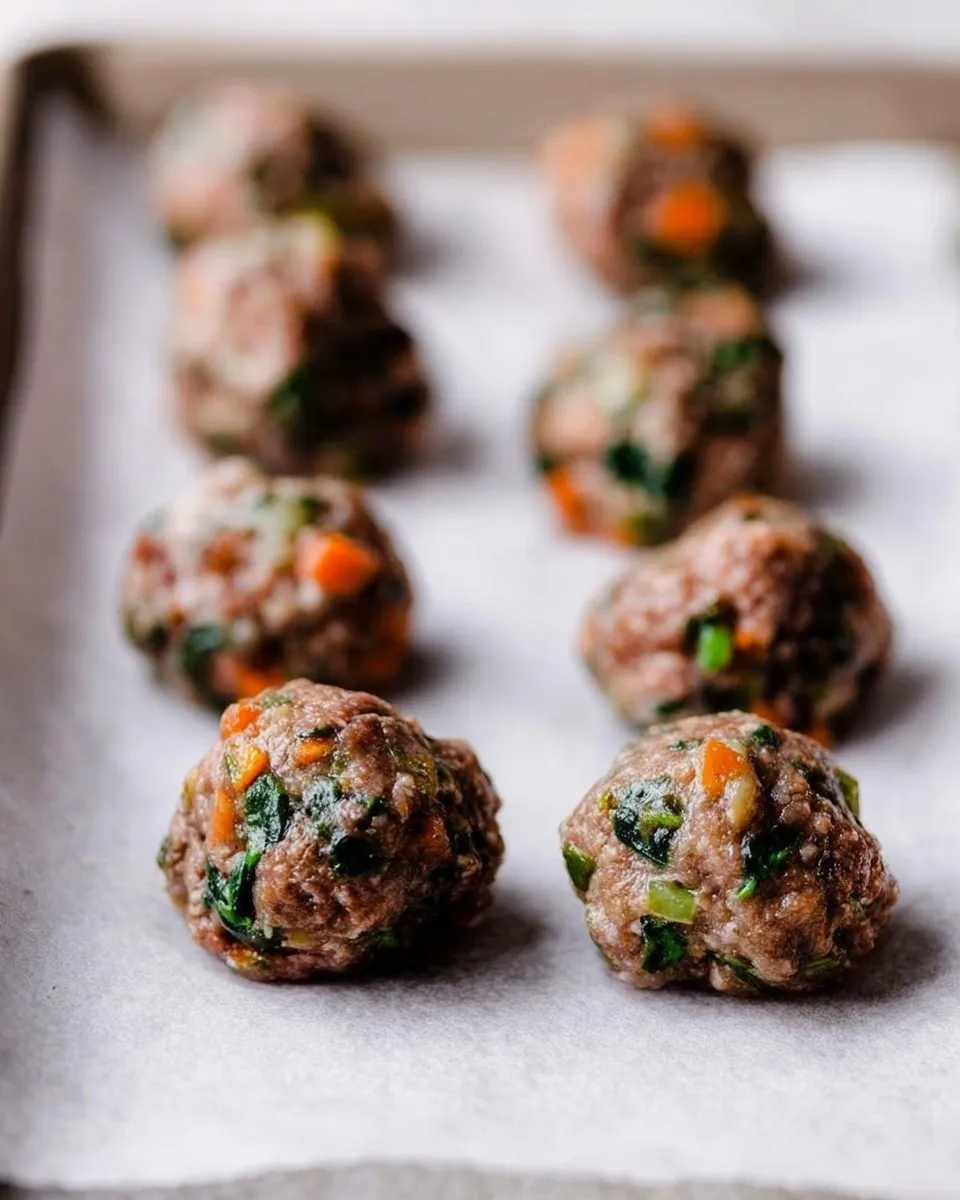 Raw freezer-friendly protein meatballs with visible diced carrots and spinach arranged in neat rows on a parchment-lined baking sheet before being oven-baked.