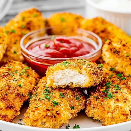 A close-up view of a white plate filled with golden, crispy baked chicken tenders arranged around a small glass bowl of ketchup. A tender in the center has a bite taken out of it, revealing the juicy, white meat inside. The dish is garnished with chopped fresh parsley.