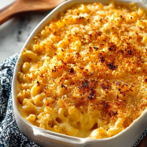 High-angle, close-up view of a white oval baking dish filled with baked macaroni and cheese. The dish features a golden-brown, crispy breadcrumb topping with toasted peaks. It rests on a blue and white patterned napkin with a wooden spoon blurred in the background.