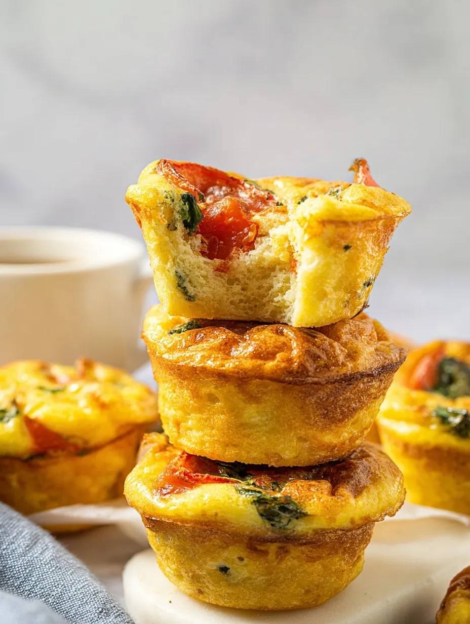 A vertical close-up stack of three golden-brown baked egg muffins filled with red sun-dried tomatoes and green spinach, with the top muffin showing a bite taken out to reveal a light, airy interior.