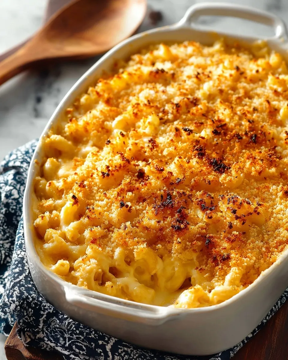 Baked Mac and Cheese High-angle, close-up view of a white oval baking dish filled with baked macaroni and cheese. The dish features a golden-brown, crispy breadcrumb topping with toasted peaks. It rests on a blue and white patterned napkin with a wooden spoon blurred in the background.