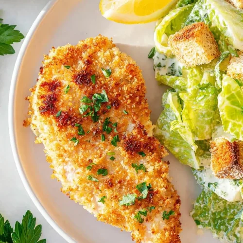 Overhead view of a golden brown Crispy Oven-Baked Chicken Breast served on a white plate alongside a fresh Caesar salad with croutons and a lemon wedge.