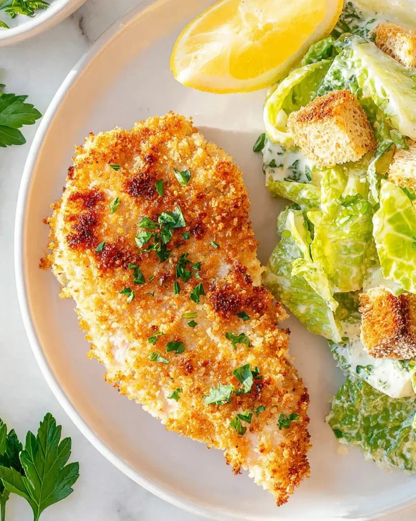 Overhead view of a golden brown Crispy Oven-Baked Chicken Breast served on a white plate alongside a fresh Caesar salad with croutons and a lemon wedge.