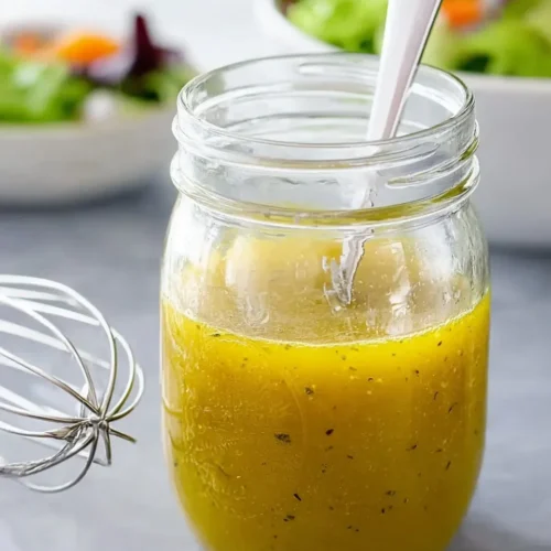 Close-up of a glass mason jar filled with bright yellow homemade vinaigrette dressing and a white spoon, sitting next to a wire whisk with a fresh salad bowl in the soft-focus background.