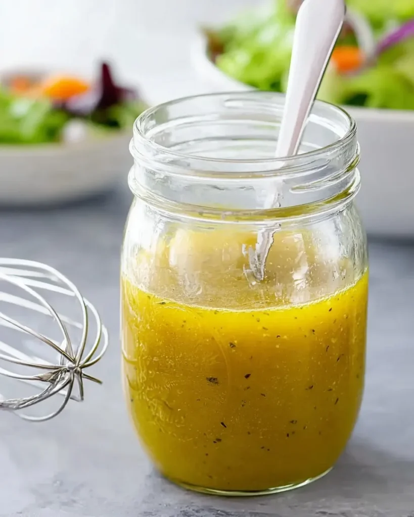 Close-up of a glass mason jar filled with bright yellow homemade vinaigrette dressing and a white spoon, sitting next to a wire whisk with a fresh salad bowl in the soft-focus background.