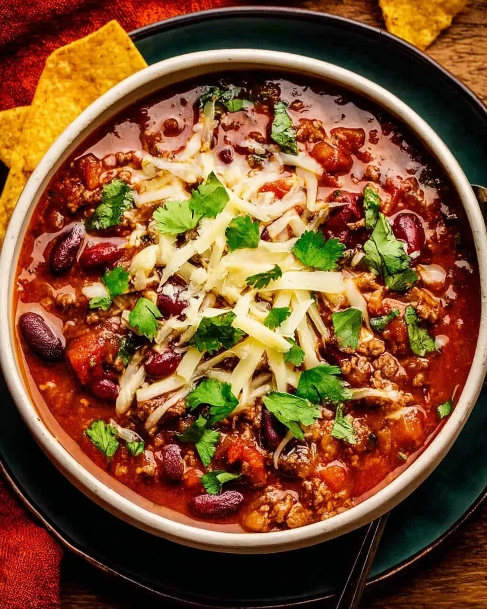 Overhead view of a bowl of hearty beef and kidney bean chili topped with shredded white cheese and fresh cilantro, served with a side of tortilla chips for an easy chili recipe.