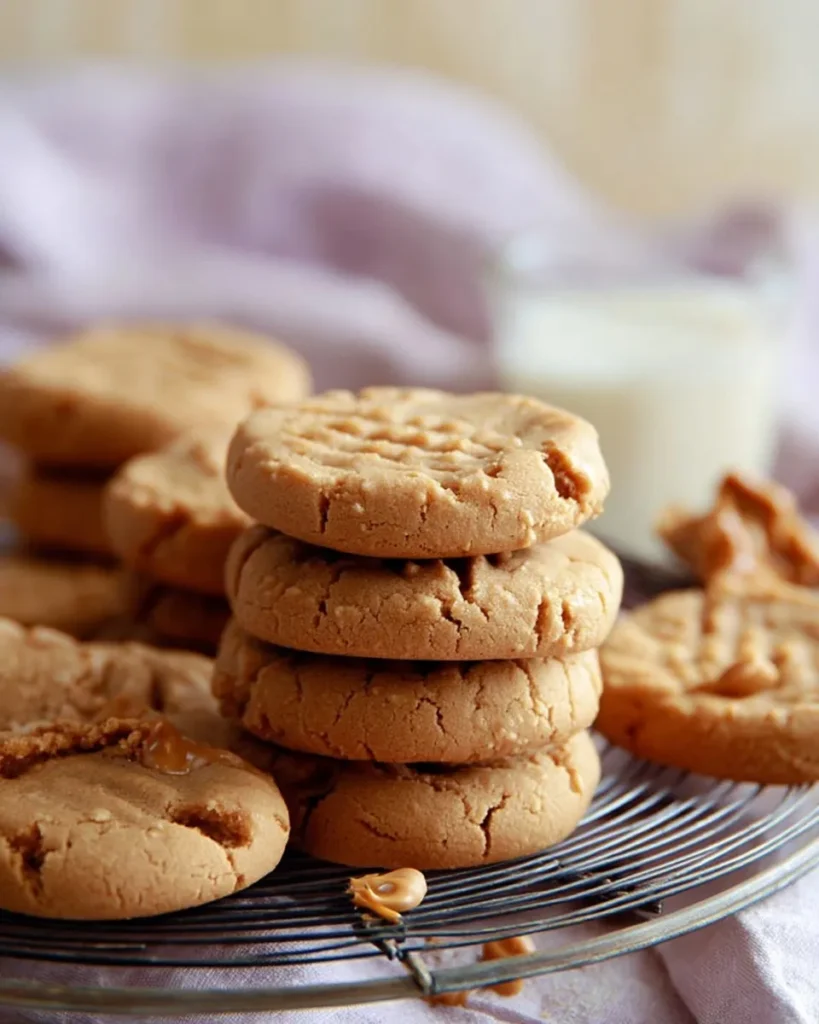 A mouthwatering stack of soft 4-ingredient peanut butter cookies resting on a wire cooling rack, with a glass of milk blurred in the background.