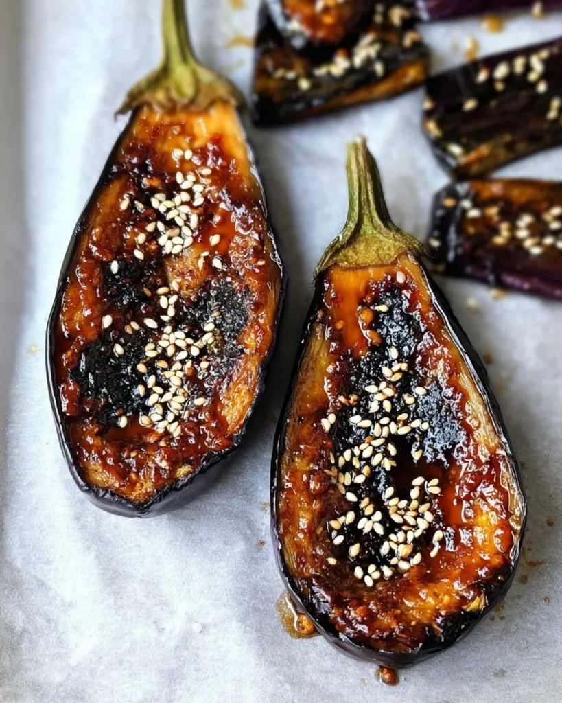 Top-down view of two broiled Miso Glazed Eggplant (Nasu Dengaku) halves resting on a parchment-lined baking sheet. The eggplant features a glossy, deep brown caramelized miso glaze, charred edges, and a generous topping of white sesame seeds.