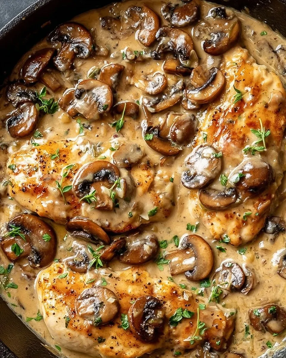 Close-up overhead view of creamy one-pan chicken and mushrooms simmering in a black skillet. Golden-brown chicken cutlets are covered in a rich, glossy mushroom sauce and garnished with fresh thyme sprigs.