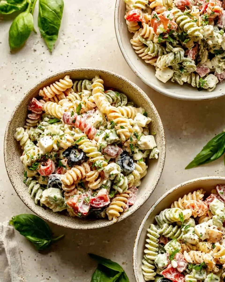 Three rustic ceramic bowls filled with individual servings of Creamy Cold Italian Pasta Salad, garnished with fresh herbs and showing tri-color rotini, diced mozzarella, and black olives.