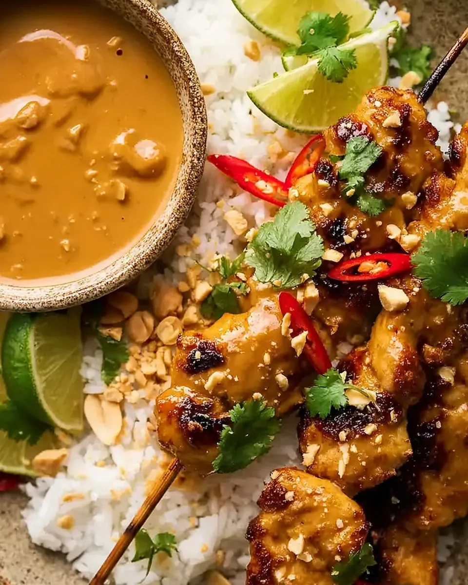 Thai peanut chicken skewers served over a bed of fluffy jasmine rice, garnished with fresh cilantro, sliced red chilies, and crushed peanuts. A bowl of peanut sauce and fresh lime wedges are positioned on the side.