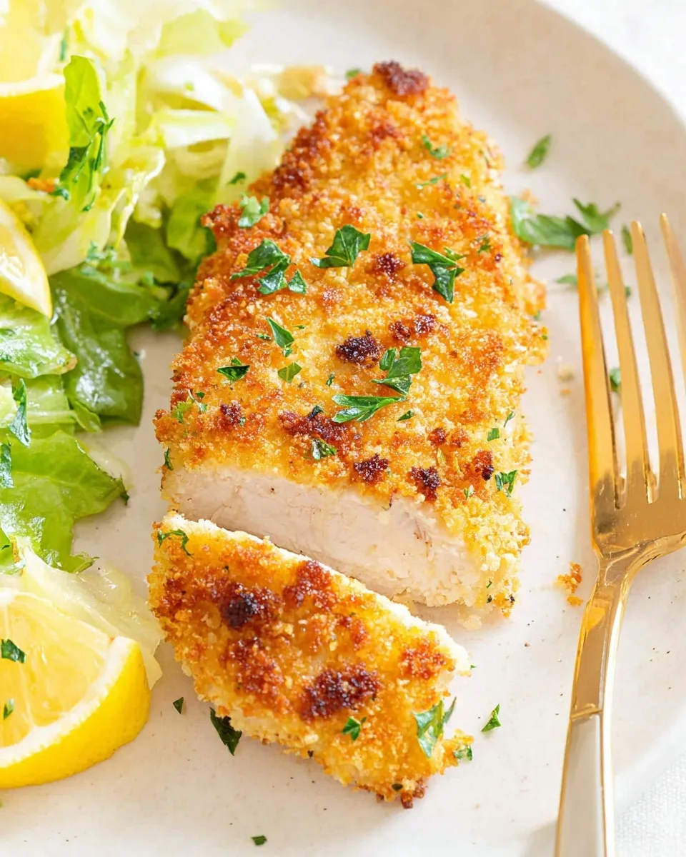 Close-up of a sliced Crispy Oven-Baked Chicken Breast on a plate, revealing the juicy white meat interior, served next to a green salad with lemon wedges and a gold fork.