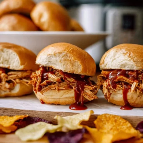 A row of three Instant Pot pulled chicken BBQ sliders on soft buns, with sauce dripping down the front, served alongside colorful potato chips with a pressure cooker visible in the blurred background.