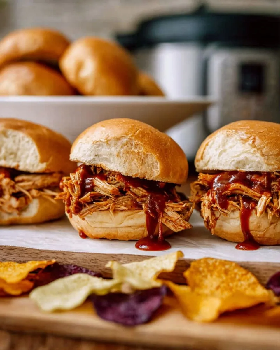 Instant Pot pulled chicken BBQ sliders A row of three Instant Pot pulled chicken BBQ sliders on soft buns, with sauce dripping down the front, served alongside colorful potato chips with a pressure cooker visible in the blurred background.