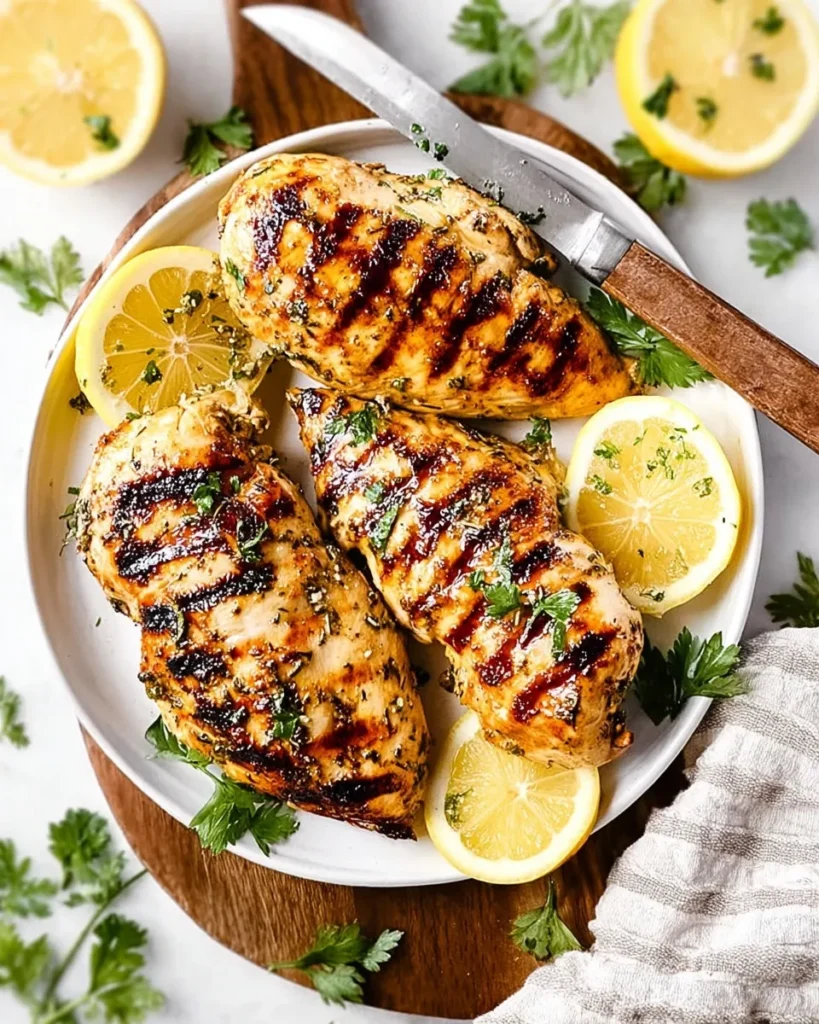 Overhead shot of three juicy grilled chicken breasts with perfect char marks on a white plate, garnished with fresh chopped parsley and lemon slices, served with a wooden-handled knife.