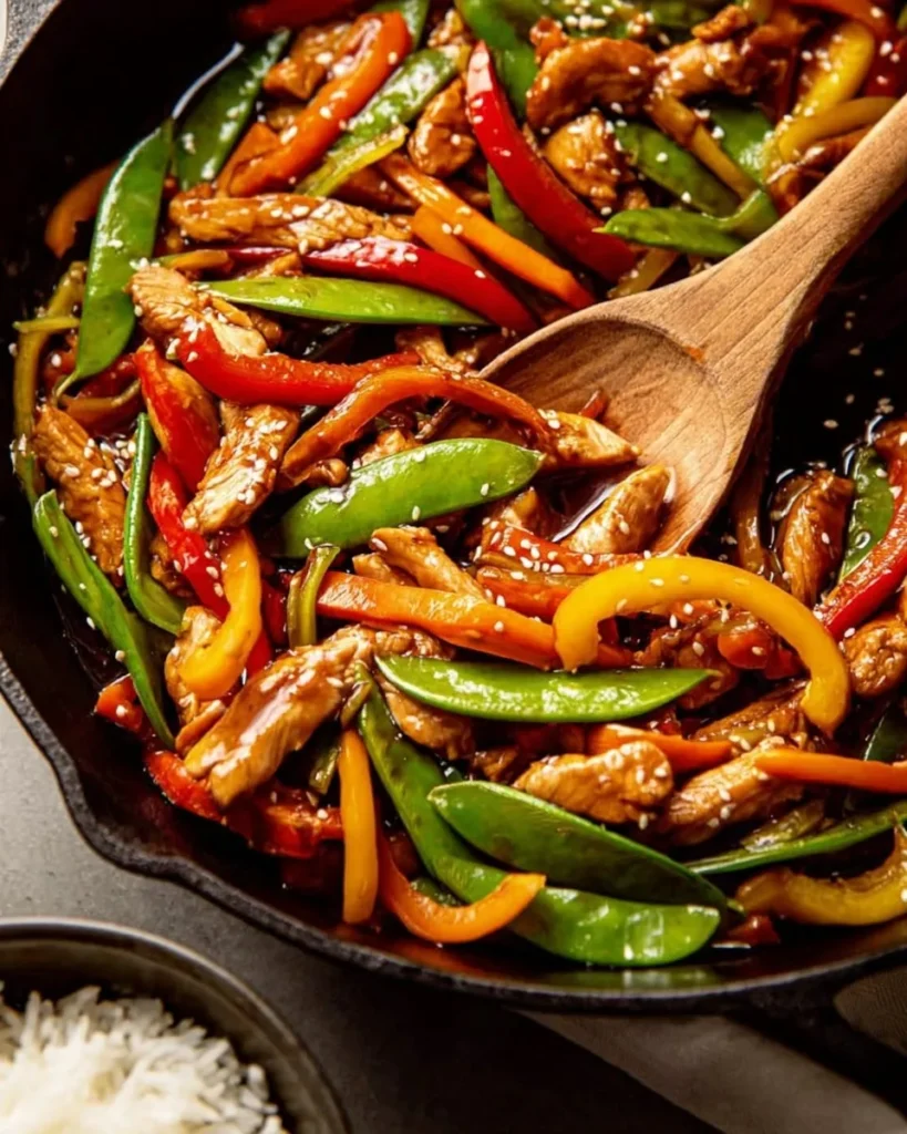 Close-up of a glossy chicken stir fry in a black cast-iron skillet featuring sliced red and yellow bell peppers, snap peas, and sesame seeds, with a wooden spoon and bowls of rice and red pepper flakes in the background.