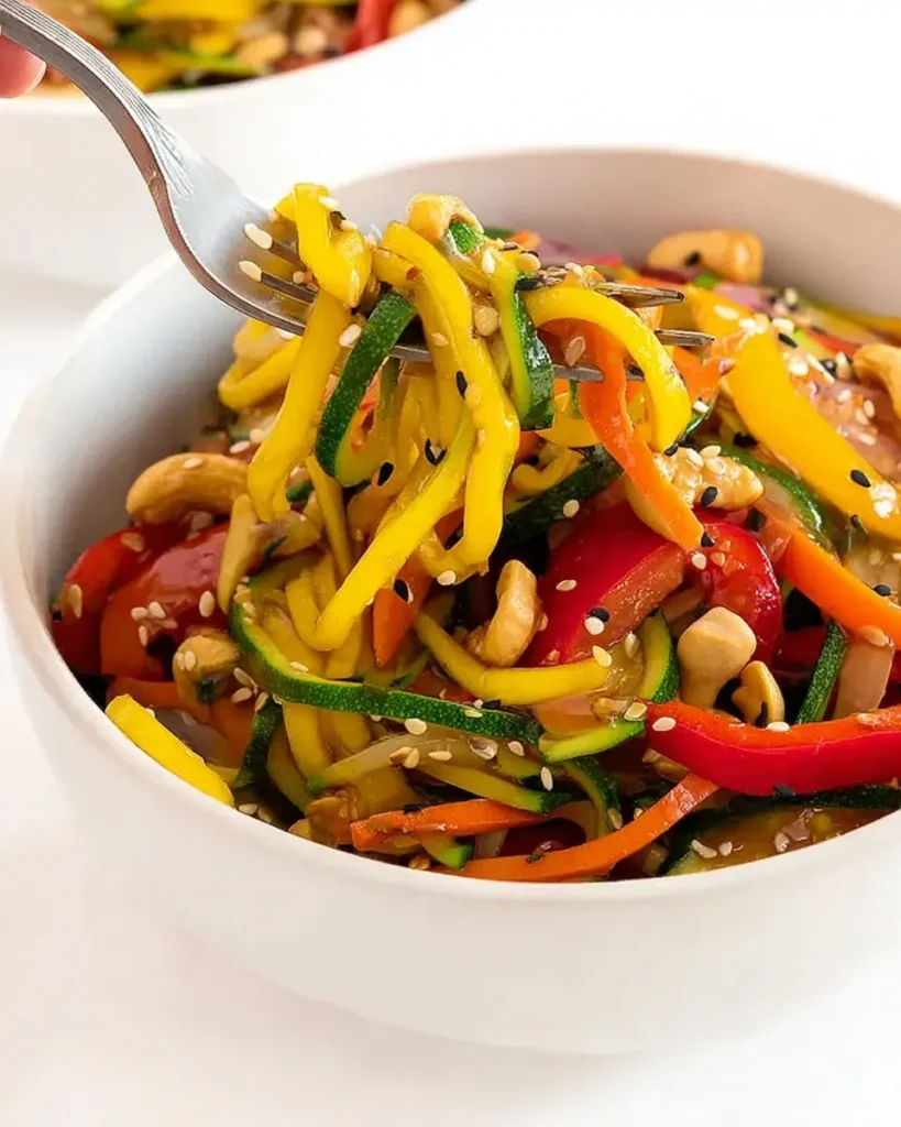 Close-up of a fork lifting a generous bite of Zucchini Noodle Stir-Fry from a white bowl, showing glossy spiralized zucchini, red bell peppers, roasted cashews, and a sprinkle of black and white sesame seeds.