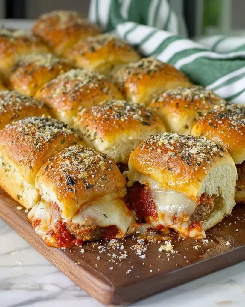 A close-up view of a dozen baked meatball sliders arranged on a wooden serving board. The golden-brown Hawaiian roll tops are glistening with garlic butter and sprinkled with herbs and Parmesan. Rich marinara sauce and melted white cheese are oozing out from the sides of the sliders.