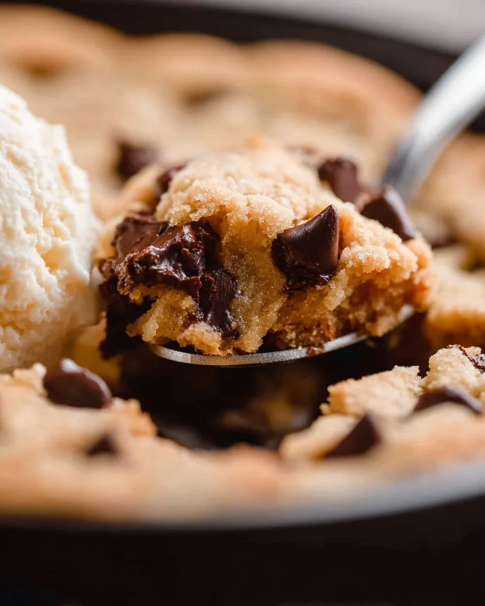 Close-up of a silver spoon lifting a chunk of warm, gooey chocolate chip skillet cookie next to a scoop of vanilla ice cream.
