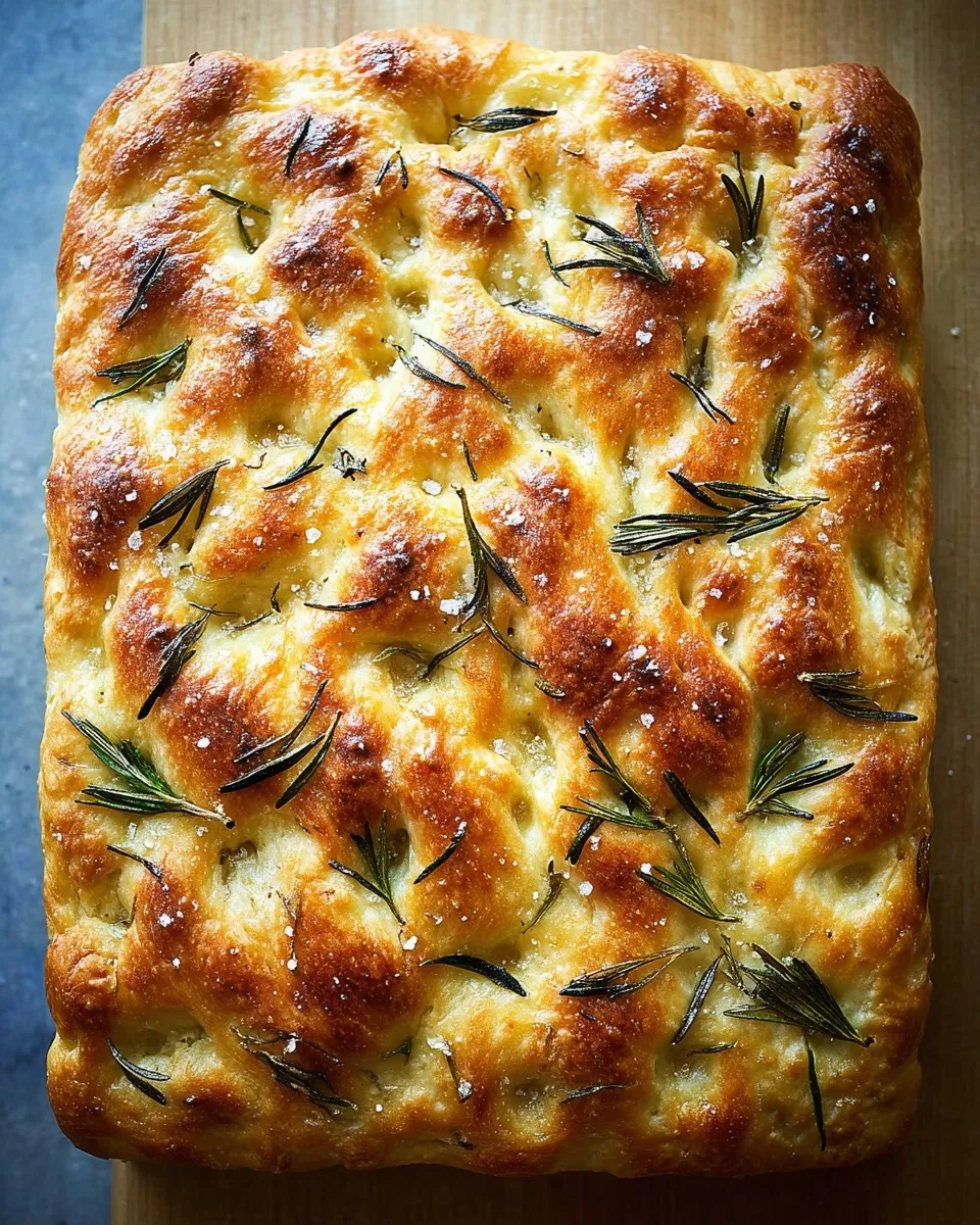 sheet pan focaccia topped with fresh rosemary Overhead view of a golden-brown sheet pan focaccia topped with fresh rosemary sprigs and coarse sea salt.