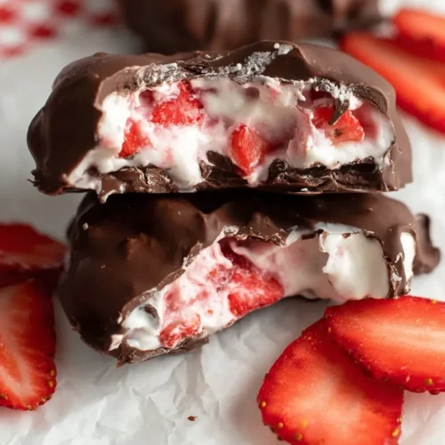 Close-up view of stacked and halved Chocolate Strawberry Yogurt Clusters on parchment paper, revealing the frozen Greek yogurt and strawberry filling inside the dark chocolate coating, with fresh strawberry slices scattered around.