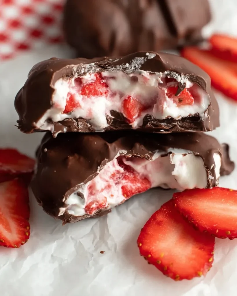 Close-up view of stacked and halved Chocolate Strawberry Yogurt Clusters on parchment paper, revealing the frozen Greek yogurt and strawberry filling inside the dark chocolate coating, with fresh strawberry slices scattered around.