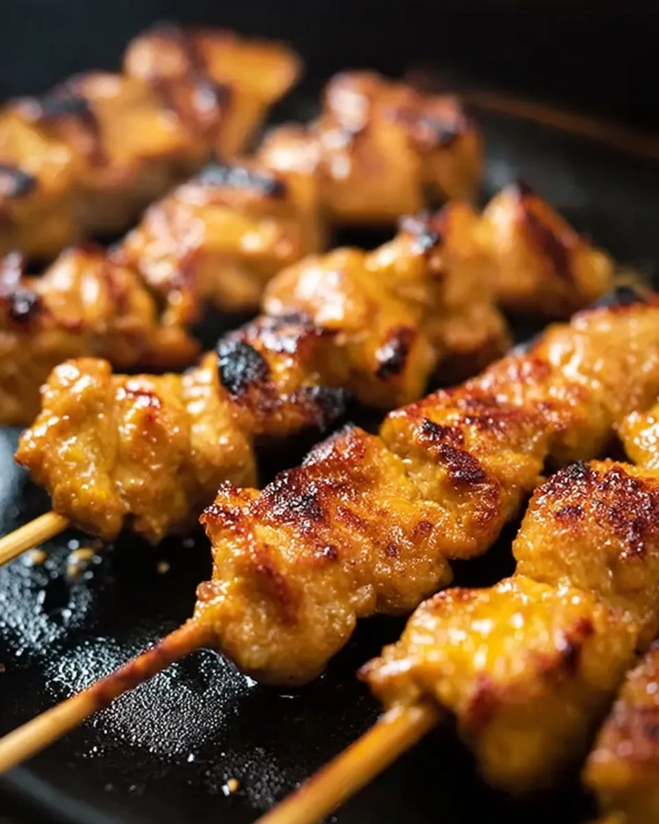 Close-up angled shot of Thai peanut chicken skewers cooking on a hot griddle. The chicken thighs are coated in golden turmeric marinade and show appetizing caramelized char marks and glistening juices.