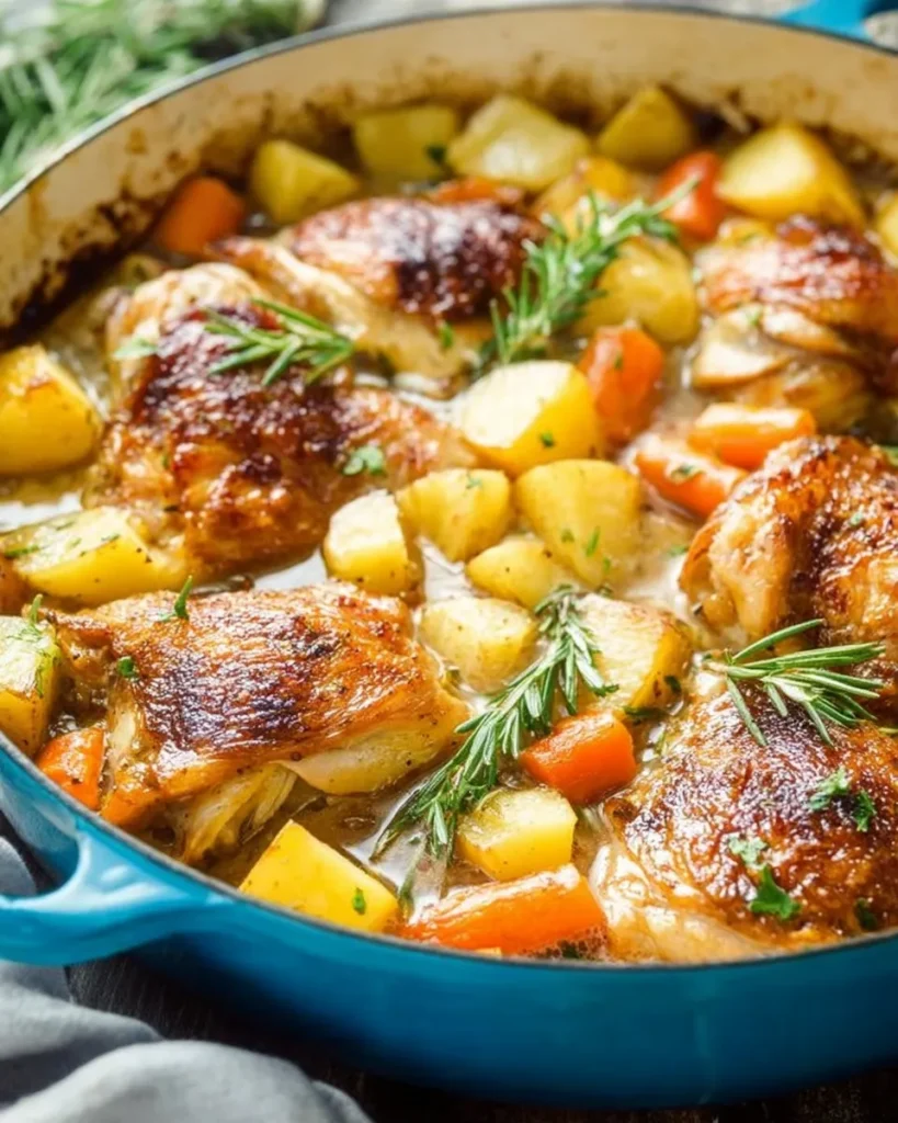 Close-up side view of One Pan Roast Chicken in a blue skillet, featuring golden crispy skin chicken thighs, roasted potatoes, and carrots garnished with fresh rosemary.