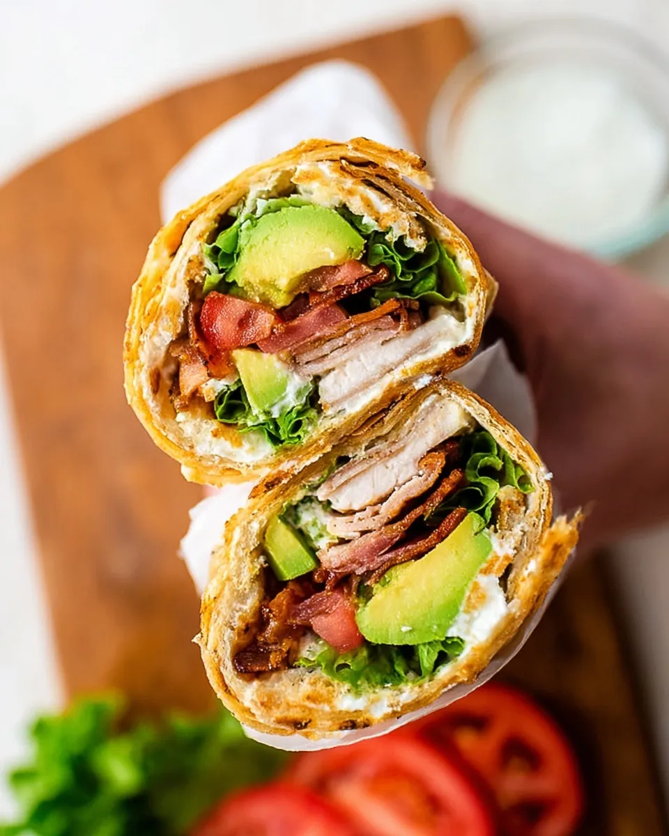 A hand holding two halves of a sliced high-protein cottage cheese wrap, stacked to show the filling. The wrap is filled "Turkey Club" style with sliced turkey, crispy bacon, avocado chunks, lettuce, and tomato.