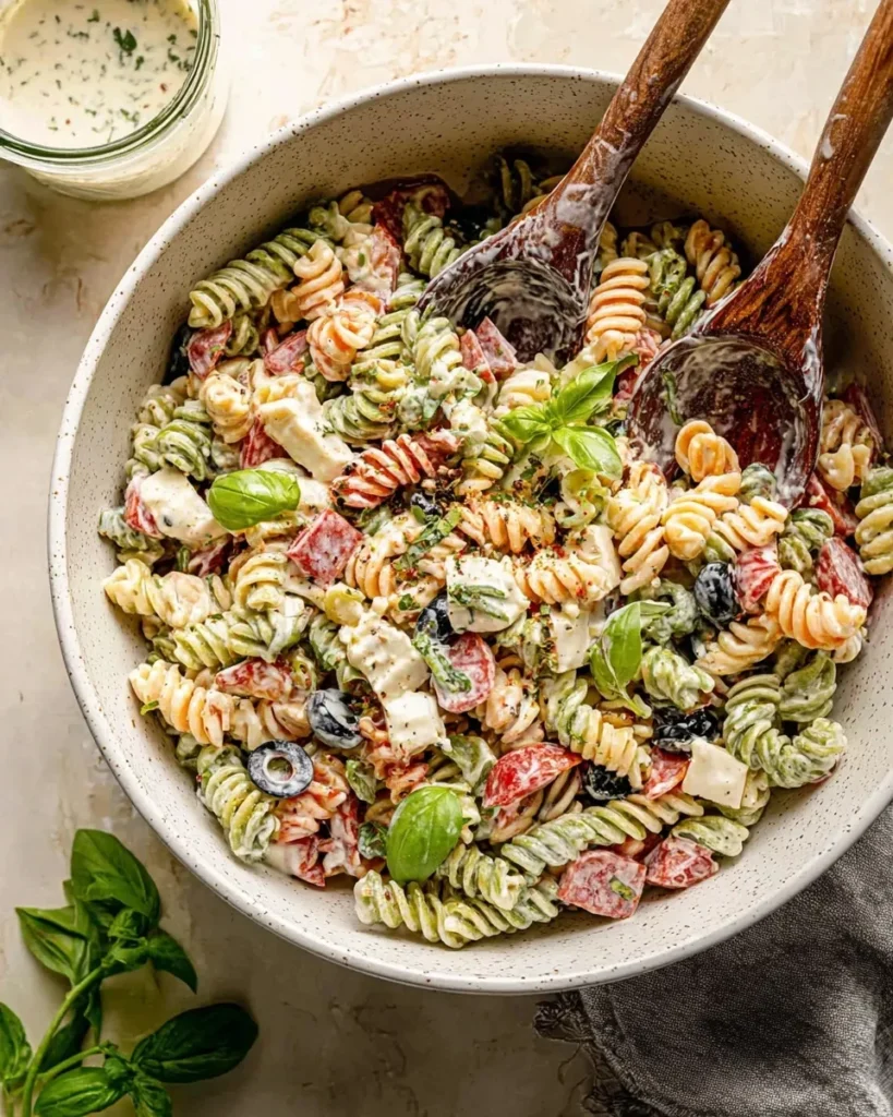 Overhead view of a large bowl filled with Creamy Cold Italian Pasta Salad, featuring tri-color rotini, mozzarella, olives, and fresh basil, with wooden salad servers resting in the bowl and a jar of dressing on the side.