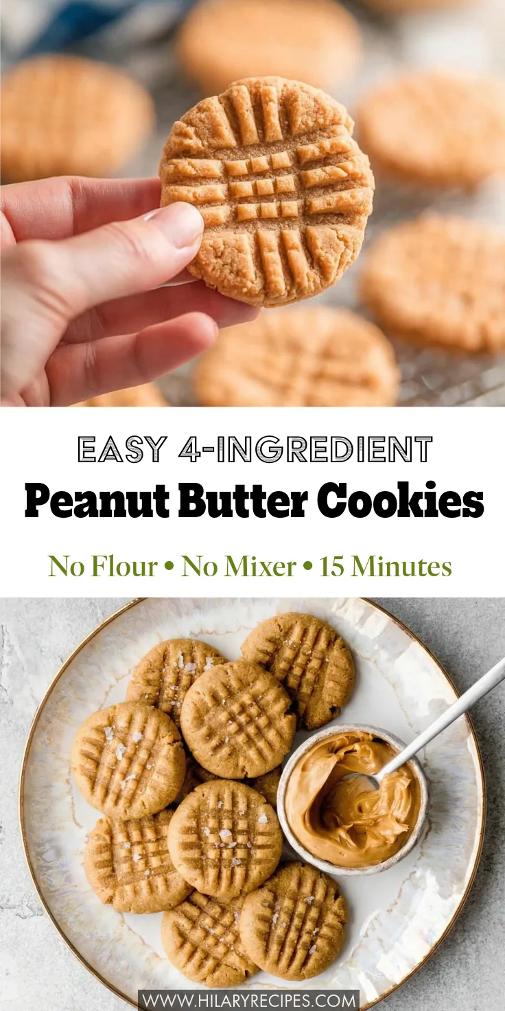 4-Ingredient Peanut Butter Cookies pin Pinterest graphic for Easy 4-Ingredient Peanut Butter Cookies featuring two images: a close-up of a hand holding a soft cookie with the classic criss-cross pattern, and a plate of golden brown cookies sprinkled with sea salt next to a bowl of creamy peanut butter. Text overlay reads: "No Flour, No Mixer, 15 Minutes."