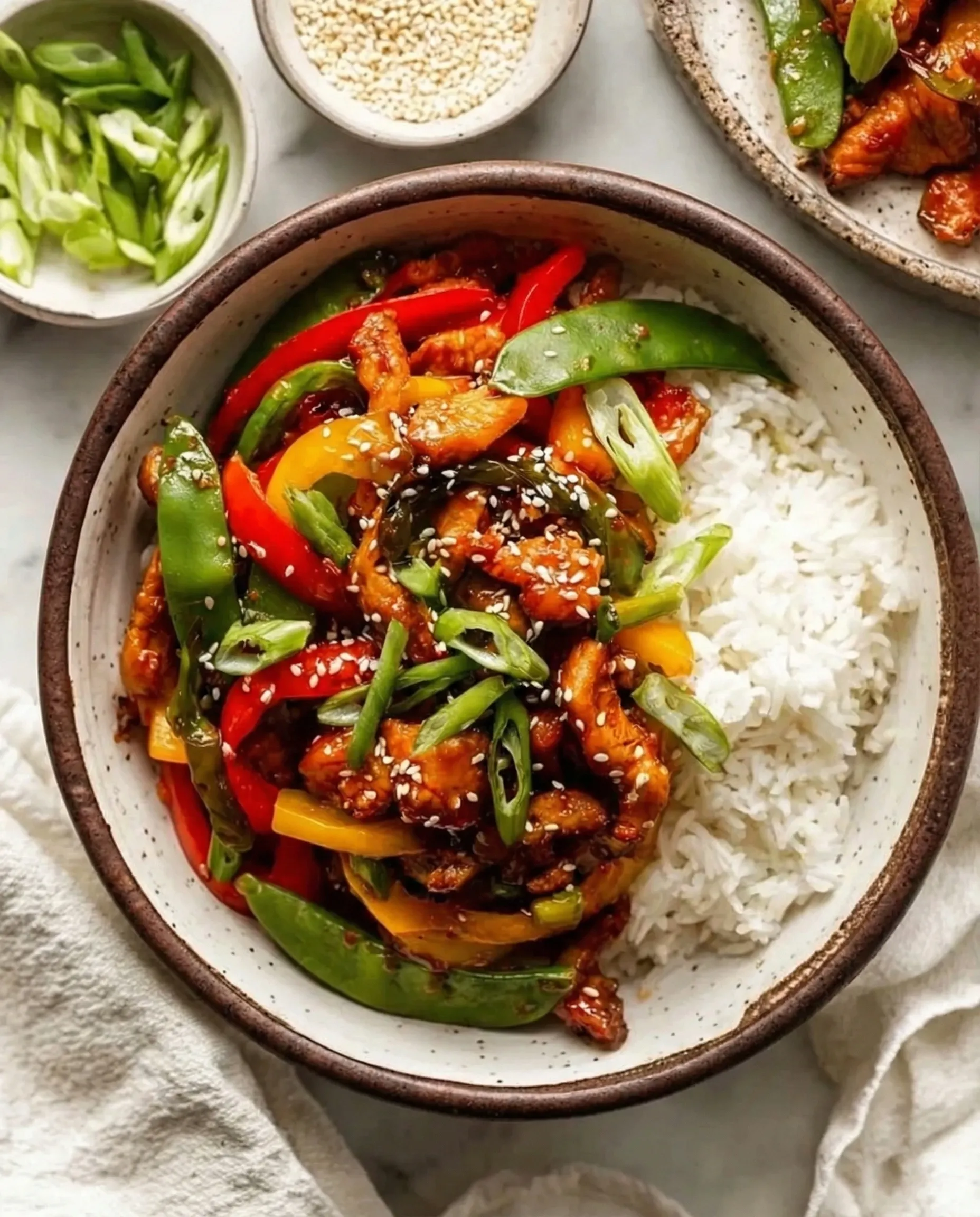 A top-down view of a white ceramic bowl filled with glossy chicken stir fry, red and yellow bell peppers, and snap peas, served with a side of fluffy white rice and garnished with sesame seeds and sliced green onions.