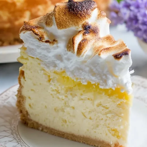 A close-up of a single slice of Triple Lemon Meringue Cheesecake on a white patterned plate. The slice highlights the thick golden crust, the dense and creamy lemon filling, and a high, fluffy layer of toasted Italian meringue peaks.