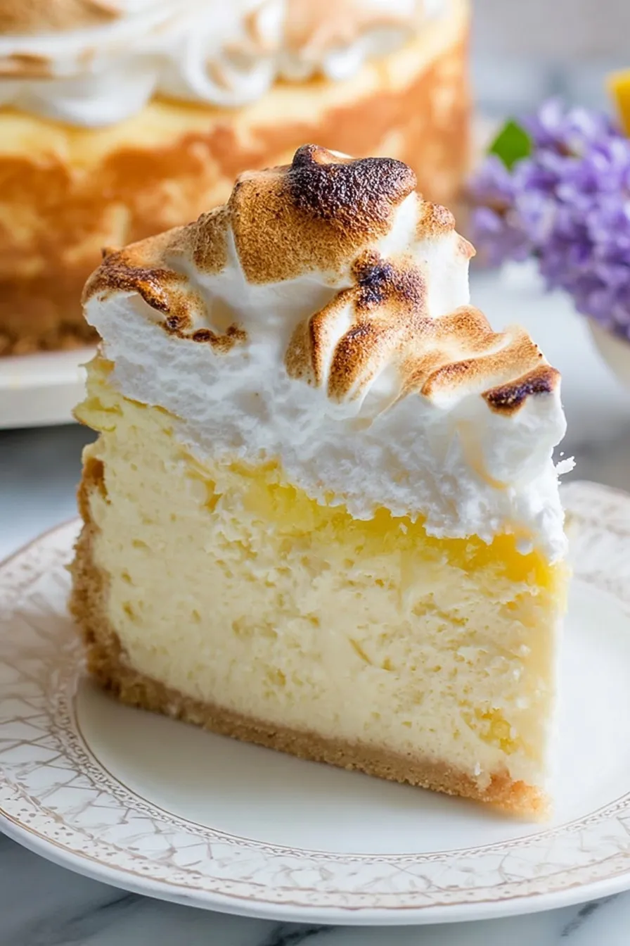 A close-up of a single slice of Triple Lemon Meringue Cheesecake on a white patterned plate. The slice highlights the thick golden crust, the dense and creamy lemon filling, and a high, fluffy layer of toasted Italian meringue peaks.