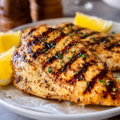 A close-up shot of a perfectly seared grilled chicken breast featuring deep, dark char marks and a golden-brown finish, garnished with fresh chopped herbs and served with bright yellow lemon wedges on a white plate lined with parchment paper.